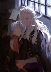 Rule 34 | 2boys, ane am, antonio salieri (fate), antonio salieri (second ascension) (fate), ascot, black gloves, blonde hair, blood, blood on clothes, blood on hands, chair, coat, coat on shoulders, curly hair, curtains, desk, expressionless, eyes visible through hair, fate/grand order, fate (series), film grain, gloves, green eyes, grey hair, hair between eyes, hair intakes, highres, holding, holding sword, holding weapon, indoors, long hair, male focus, messy hair, multiple boys, paper, paper stack, parted bangs, pendant watch, pinstripe pattern, pinstripe shirt, red ascot, shirt, short hair, striped, sword, weapon, window, wolfgang amadeus mozart (fate)