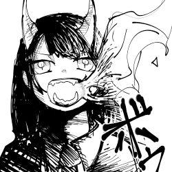 Rule 34 | 1girl, aoki ruri, breath weapon, breathing fire, collared shirt, dragon girl, dragon horns, fangs, fire, greyscale, hatching (texture), highres, horns, linear hatching, looking at viewer, medium hair, monochrome, necktie, open mouth, parted bangs, portrait, ruri dragon, school uniform, shirt, simple background, sketch, slit pupils, snawachi oroka, solo, swept bangs, white background