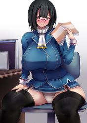 Rule 34 | 10s, 1girl, bespectacled, black hair, blush, breasts, female focus, glasses, gloves, gradient background, hat, huge breasts, kantai collection, large breasts, looking at viewer, military, military uniform, miniskirt, panties, pantyshot, plump, red eyes, short hair, sitting, skirt, smile, solo, takao (kancolle), thighhighs, underwear, uniform, yuzumiya mono