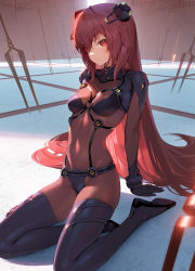 Rule 34 | 1girl, adapted costume, aged down, bident, bodysuit, breasts, cosplay, covered navel, fate/grand order, fate (series), hair between eyes, hairpods, highres, interface headset, lance of longinus (evangelion), long hair, looking at viewer, neon genesis evangelion, plugsuit, polearm, purple bodysuit, purple hair, red eyes, scathach (fate), siino, sitting, small breasts, solo, souryuu asuka langley, souryuu asuka langley (cosplay), thighs, very long hair, wariza