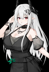 Rule 34 | 1girl, absurdres, arknights, black background, black dress, breasts, cleavage, commentary request, cross, cross necklace, dress, flower, highres, horns, infection monitor (arknights), jewelry, large breasts, long hair, mudrock (arknights), mudrock (obsidian) (arknights), necklace, official alternate costume, pointy ears, rain (rain8649), red eyes, white hair