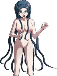 Rule 34 | blue hair, breasts, cleft of venus, collarbone, completely nude, danganronpa (series), danganronpa s: ultimate summer camp, danganronpa v3: killing harmony, ears, eyebrows, feet out of frame, full body, glasses, grey eyes, hand up, highres, knees, kosine1777, large areolae, large breasts, long hair, navel, nipples, nude, palms, pussy, shirogane tsumugi, simple background, third-party edit, white background