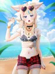 Rule 34 | 1girl, absurdres, ahoge, animal ear fluff, animal ears, arm at side, beach, black choker, black hair, blonde hair, blue hair, blue sky, blush, bracelet, choker, cloud, cloudy sky, commentary request, cowboy shot, cropped shirt, day, earrings, eyewear on head, fox ears, fox girl, fox tail, glasses, hand up, heart, heart-shaped eyewear, heart-shaped pupils, heart choker, highres, hololive, jewelry, kai otk, lens flare, long hair, looking at viewer, midriff, multicolored hair, multiple bracelets, multiple necklaces, nail polish, navel, official alternate costume, official alternate hairstyle, omaru polka, omaru polka (5th costume), opaque glasses, open mouth, outdoors, pink hair, plaid, plaid shorts, playing with own hair, red-tinted eyewear, red nails, red shorts, see-through, see-through shirt, shirt, shore, short sleeves, shorts, sky, solo, standing, straight-on, streaked hair, sunglasses, symbol-shaped pupils, t-shirt, tail, tinted eyewear, virtual youtuber, water, wet, wet clothes, white shirt