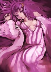 Rule 34 | 1girl, colorized, crescent, crescent hair ornament, dress, hair ornament, hoshitetsu ringo, long hair, long sleeves, lying, nail polish, no headwear, on back, open clothes, open dress, pajamas, patchouli knowledge, purple eyes, purple hair, sketch, solo, striped clothes, striped dress, touhou, wide sleeves