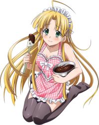 Rule 34 | 10s, 1girl, ahoge, apron, asia argento, black thighhighs, blonde hair, breasts, chocolate, cleavage, collarbone, green eyes, high school dxd, holding, long hair, looking at viewer, maid headdress, pink apron, solo, thighhighs, transparent background