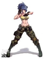 Rule 34 | 1girl, abs, ammunition pouch, armlet, bare shoulders, belt, biceps, blue eyes, blue hair, breasts, camouflage, camouflage pants, character name, crop top, dog tags, earrings, full body, glint, gloves, highres, how to, jewelry, large breasts, leona heidern, looking at viewer, making-of, mar10, midriff, military, military uniform, muscular, muscular female, navel, pants, ponytail, pouch, shadow, sleeveless, solo, standing, tank top, the king of fighters, the king of fighters xv, triangle earrings, uniform, white background, yellow tank top