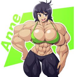 Rule 34 | 1girl, abs, black hair, breasts, devmgf, extreme muscles, female focus, muscular, muscular female, smile, solo