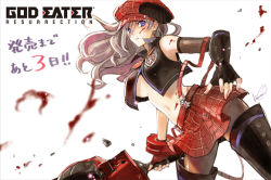 Rule 34 | 10s, 1girl, alisa ilinichina amiella, black gloves, black pantyhose, blood, blood on face, blue eyes, breasts, fingerless gloves, gloves, god eater, god eater burst, hat, holding, holding weapon, huge weapon, large breasts, long hair, md5 mismatch, official art, pantyhose, pleated skirt, silver hair, skirt, sky, solo, suspender skirt, suspenders, sword, thighhighs, underboob, weapon