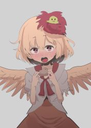 Rule 34 | 1girl, animal, animal on head, bird, bird on head, bird wings, blonde hair, brown dress, chick, chicken, chocolate, dress, feathered wings, gomeifuku, highres, looking at viewer, niwatari kutaka, on head, one-hour drawing challenge, open mouth, red eyes, shirt, solo, touhou, white shirt, wings, yellow wings