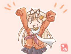 Rule 34 | &gt; &lt;, 10s, 1girl, :d, black serafuku, blonde hair, cardigan, chibi, closed eyes, hair flaps, hair ornament, hair ribbon, hairclip, hands up, kantai collection, long hair, messy hair, open mouth, ribbon, school uniform, serafuku, skirt, smile, solo, taisa (kari), xd, yuudachi (kancolle), yuudachi kai ni (kancolle)