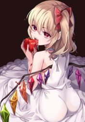 Rule 34 | 1girl, :d, alternate costume, apple, ass, bare arms, bare shoulders, blonde hair, blood, bow, commentary request, crystal, dress, fangs, fingernails, flandre scarlet, food, fruit, hair between eyes, hair bow, highres, holding, holding food, holding fruit, looking at viewer, looking back, meimei (meimei89008309), nail polish, no headwear, one side up, open mouth, red bow, red eyes, red nails, sitting, smile, solo, teeth, touhou, upper teeth only, white dress, wings