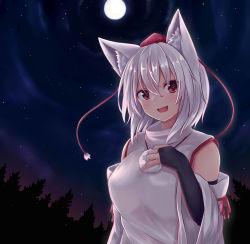 Rule 34 | 1girl, :d, absurdres, animal ears, blush, bridal gauntlets, cloud, commentary request, detached sleeves, forest, full moon, hat, highres, inubashiri momiji, looking at viewer, moon, nature, night, night sky, oohirakeisuke, open mouth, outdoors, red eyes, short hair, sky, smile, solo, star (sky), starry sky, tokin hat, touhou, turtleneck, upper body, white hair, wolf ears