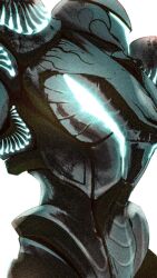 Rule 34 | armor, close-up, cowboy shot, dark samus, film grain, from side, full armor, glowing, glowing armor, helmet, highres, metroid, metroid prime 3: corruption, neon trim, nintendo, out of frame, power suit, simple background, solo, teke, white background