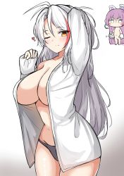 Rule 34 | 2girls, ;), absurdres, animal hands, arm up, azur lane, black panties, blush, breasts, brown eyes, chibi, cleavage, closed mouth, commentary request, gloves, gradient background, grey background, hair between eyes, heart, highres, large breasts, long hair, long sleeves, looking at viewer, moyoron, multicolored hair, multiple girls, navel, nude, one eye closed, open clothes, open shirt, panties, parted bangs, paw gloves, pinching sleeves, prinz eugen (azur lane), purple hair, red hair, shirt, sleeves past wrists, smile, solo focus, streaked hair, tashkent (azur lane), tashkent (muse) (azur lane), underwear, v-shaped eyebrows, very long hair, white background, white hair, white shirt, x navel