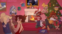 Rule 34 | 2boys, 5girls, annoyed, armand gman, artist name, blonde hair, blue eyes, blush, bob-omb, box, breasts, brown hair, christmas lights, christmas tree, cup, donkey kong (series), dress, drinking glass, earrings, eyeshadow, facial hair, fire, fireplace, friends, gift, gift box, grin, hair over one eye, happy, hat, highres, hug, image sample, jewelry, lipstick, long hair, looking at another, luigi, luma (mario), makeup, mario, mario (series), md5 mismatch, medium breasts, merry christmas, multiple boys, multiple girls, mustache, nintendo, open mouth, pauline (mario), ponytail, princess daisy, princess peach, resolution mismatch, rosalina, santa hat, scarf, sitting, smile, source larger, standing, super crown, sweater, twitter sample, video game, warupeach, wine glass