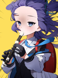 Rule 34 | 1girl, absurdres, backpack, bag, bananafish1111, black gloves, blue archive, blue eyes, blush, flipped hair, flute, forehead, gloves, halo, highres, holding flute, holding instrument, instrument, kyoufuu all back (vocaloid), long hair, looking at viewer, music, necktie, off shoulder, playing instrument, purple hair, randoseru, recorder, simple background, solo, yellow background, yuuka (blue archive)