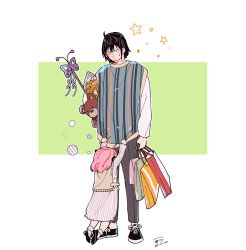 Rule 34 | 1boy, 1girl, ahoge, anya (spy x family), awarinko, bag, bangs, black footwear, black hair, bobby socks, closed mouth, commentary request, female child, hairpods, height difference, highres, holding, holding bag, horn ornament, horns, hug, peanut, pink hair, shoes, shopping bag, short hair, signature, sneakers, socks, spy x family, standing, star (symbol), stuffed animal, stuffed toy, sweatdrop, teddy bear, twitter username, uncle and niece, v-shaped eyebrows, yuri briar