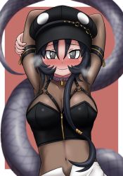 Rule 34 | 1girl, @ @, adansosutega, armband, arms behind head, arms up, black eyes, black hair, black hat, black mamba (kemono friends), blush, bodystocking, breasts, choker, cleavage, closed mouth, crop top, embarrassed, full-face blush, hair between eyes, hat, highres, kemono friends, long hair, long sleeves, looking at viewer, medium breasts, navel, official alternate costume, see-through, side ponytail, snake tail, solo, stomach, tail, upper body, very long hair, wavy mouth, zipper, zipper pull tab