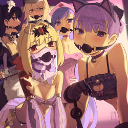 Rule 34 | 5girls, artoria pendragon (all), artoria pendragon (fate), ball gag, bare shoulders, bb (fate), bdsm, black hair, blonde hair, bondage, bound, breasts, cad (caddo), cat lingerie, dancer, duct tape, fate/grand order, fate (series), gag, gagged, hat, helena blavatsky (fate), highres, ishtar (fate), large breasts, long hair, looking at viewer, maid, maid headdress, meme attire, multiple girls, nero claudius (fate), nero claudius (fate) (all), nurse, nurse cap, purple hair, queen draco (fate), santa alter, scales, see-through mask, sex toy, small breasts