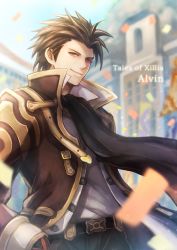 Rule 34 | 1boy, alvin (tales), belt, brown eyes, brown hair, character name, chiko (d04099), coat, copyright name, ascot, male focus, smile, solo, tales of (series), tales of xillia