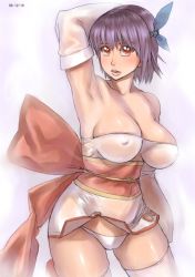 Rule 34 | 1girl, armpits, ayane (doa), bow, breasts, cleavage, dead or alive, hair bow, large breasts, panties, purple hair, short hair, solo, tecmo, thighhighs, underwear, zenkou, zettai ryouiki