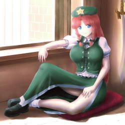 Rule 34 | 1girl, arm support, bench, blue eyes, braid, breasts, chinese clothes, cushion, hair ribbon, hand on leg, hong meiling, large breasts, long hair, looking at viewer, red hair, ribbon, shirosato, shoes, side slit, sitting, skirt, skirt set, smile, solo, sword, tangzhuang, thighs, touhou, tress ribbon, twin braids, weapon