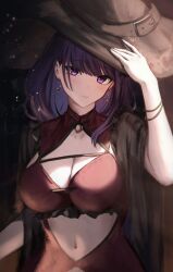 Rule 34 | 1girl, alternate costume, bakemonsou, bracelet, breasts, brown hat, cleavage, closed mouth, clothing cutout, commission, dress, drop earrings, earrings, genshin impact, hand on headwear, hat, highres, jewelry, large breasts, long hair, looking at viewer, mole, mole under eye, navel, pixiv commission, purple eyes, purple hair, raiden shogun, red dress, simple background, sleeveless, sleeveless dress, solo, witch, witch hat