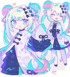 Rule 34 | 1girl, :d, black bow, blonde hair, blue eyes, blue hair, bow, chibi, chinese clothes, chouzetsusaikawa tenshi-chan, closed eyes, closed mouth, commentary, double bun, dress, floral print, frilled dress, frilled sleeves, frills, hair bow, hair bun, hand up, highres, lolita fashion, long hair, long sleeves, looking at viewer, multicolored hair, multiple views, needy girl overdose, official alternate costume, open mouth, own hands together, pink hair, sleeves past fingers, sleeves past wrists, smile, standing, sushiuma m, symbol-only commentary, white dress, wide sleeves