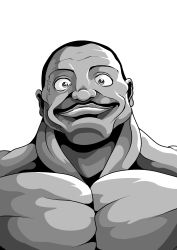 Rule 34 | 1boy, absurdres, artist request, biscuit oliva, black hair, dark skin, facial hair, grappler baki, greyscale, highres, looking at viewer, mature male, monochrome, muscular, mustache, pectorals, scar, simple background, smile, solo, standing, upper body, white background