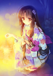 Rule 34 | 1girl, ahoge, black hair, blush, brown eyes, carnelian, fireworks, floral print, full body, hair ornament, holding, japanese clothes, kantai collection, kimono, long hair, low-tied long hair, revision, sandals, shouhou (kancolle), smile, solo, sparkler, squatting, very long hair, wide sleeves, zouri