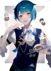 Rule 34 | 1girl, 2boys, ahoge, ascot, blue hair, chongyun (genshin impact), closed eyes, cup, food, food on face, food on hand, frilled sleeves, frills, fruit, genshin impact, hair rings, holding, holding tray, mini person, miniboy, minigirl, multiple boys, poscorn617, silver hair, simple background, strawberry, tassel, tray, upper body, whipped cream, white ascot, xiangling (genshin impact), xingqiu (genshin impact), yellow eyes