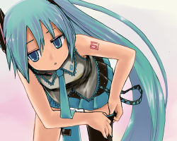 Rule 34 | 1girl, asymmetrical clothes, bad id, bad pixiv id, bare shoulders, bent over, blue eyes, blue hair, dressing, hatsune miku, highres, jitome, kaito (k4itoh), long hair, matching hair/eyes, necktie, single thighhigh, solo, thighhighs, vocaloid