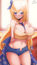 Rule 34 | 1girl, absurdres, armpit crease, bare shoulders, between breasts, blonde hair, blue eyes, blue shorts, breast suppress, breasts, camisole, cankofi&#039;s character, cleavage, commission, cowboy shot, crop top, detached collar, dungeon and fighter, hair ribbon, hand on own chest, hand up, highres, jacket, unworn jacket, kyoto mogu, large breasts, long hair, looking at viewer, micro shorts, midriff, navel, necktie, necktie between breasts, open fly, original, ribbon, shirt, shorts, sleeveless, sleeveless shirt, solo, spaghetti strap, standing, stomach, strap slip, sweat, thighs, very long hair, yellow shirt