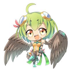Rule 34 | 1girl, :d, ahoge, bird legs, breasts, brown wings, character request, chibi, clothing cutout, commentary request, feathered wings, full body, green hair, harpy, hop step jumpers, leotard, lets0020, looking at viewer, medium bangs, monster girl, navel, navel cutout, open mouth, short hair, sideless outfit, simple background, small breasts, smile, solo, teeth, transparent background, upper teeth only, wings, yellow eyes, yellow leotard