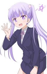 Rule 34 | 1girl, blush, business suit, dot nose, female focus, formal, hair ornament, highres, long hair, long sleeve shirt, long sleeves, new game!, open mouth, purple hair, qb (qb46311027), simple background, solo, standing, suit, suzukaze aoba, twintails, white background