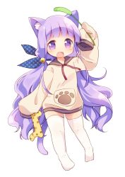 Rule 34 | :d, absurdres, animal ears, cat ears, cat girl, cat tail, child, fang, hair ribbon, highres, long hair, long sleeves, matatabi (nigatsu), no shoes, open mouth, paw print, polka dot, purple eyes, purple hair, ribbon, sleeves past wrists, smile, standing, stuffed toy, sweater, tail, thighhighs, twintails, white background, white legwear, zettai ryouiki