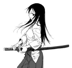 Rule 34 | 1girl, greyscale, japanese clothes, katana, lowres, miko, monochrome, original, profile, satou atsuki, smile, solo, sword, weapon