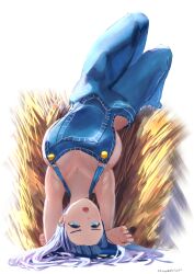 Rule 34 | 1girl, absurdres, arms behind head, arms up, black hair, blue eyes, blue hair, blue overalls, breasts, breasts apart, denim overalls, erasorpepero, floating hair, forehead, haystack, highres, hololive, hololive english, large breasts, looking at viewer, lying, naked overalls, official alternate hair length, official alternate hairstyle, on back, open mouth, ouro kronii, overalls, signature, solo, upside-down, virtual youtuber