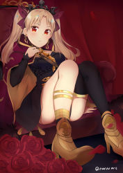 Rule 34 | 1girl, absurdres, anklet, asymmetrical legwear, between breasts, black thighhighs, blonde hair, blush, breasts, buckle, cape, chair, closed mouth, commentary, detached collar, earrings, ereshkigal (fate), fate/grand order, fate (series), flower, hair ribbon, high heels, highres, infinity symbol, jewelry, long hair, looking at viewer, multicolored cape, multicolored clothes, narulu, necklace, parted bangs, petals, red cape, red eyes, red flower, red ribbon, red rose, ribbon, rose, rose petals, single thighhigh, sitting, skull, solo, spine, thighhighs, thighlet, tiara, tohsaka rin, two side up, uneven legwear, yellow cape