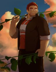 Rule 34 | 1boy, absurdres, bara, brown hair, cloud, cloudy sky, expressionless, facial hair, facial scar, feet out of frame, flower, gakuran, goatee, tamamura gunzo, haishiba ame, highres, holding, holding flower, jacket, large pectorals, looking at viewer, male focus, muscular, muscular male, open clothes, open jacket, pectorals, plant, rugby uniform, scar, scar on cheek, scar on face, school uniform, short hair, sideburns, sky, sleeves rolled up, solo, sportswear, stubble, sunflower, thick eyebrows, tokyo houkago summoners