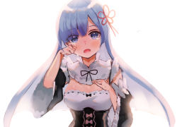 Rule 34 | 1girl, black bow, black ribbon, black sleeves, blue eyes, blue hair, blush, bow, breasts, cleavage, detached collar, detached sleeves, floating hair, hair ribbon, head tilt, kian, long hair, long sleeves, looking at viewer, medium breasts, neck ribbon, open mouth, re:zero kara hajimeru isekai seikatsu, red ribbon, rem (re:zero), ribbon, simple background, solo, tears, upper body, very long hair, white background, white bow, wide sleeves