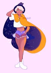 Rule 34 | 1girl, artist name, bad id, bad twitter id, brown eyes, cape, constellation, crescent moon, crop top, dark-skinned female, dark skin, eyes visible through hair, full body, hand on own head, hat, highres, looking at viewer, meyoco, moon, navel, orange cape, original, purple background, purple shorts, shirt, shoes, short hair, short shorts, short sleeves, shorts, simple background, smile, solo, sparkle, standing, white footwear, white hair, white shirt, witch hat