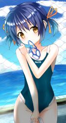 Rule 34 | 1girl, bare arms, black one-piece swimsuit, blue hair, blush, brown eyes, clannad, commentary request, commission, competition swimsuit, cowboy shot, day, fence, flat chest, groin, hair between eyes, hair ribbon, head tilt, highleg, highleg swimsuit, highres, looking at viewer, one-piece swimsuit, orange ribbon, outdoors, ribbon, short hair, solo, sunohara mei, swim goggles, swimsuit, twintails, water, yoanium
