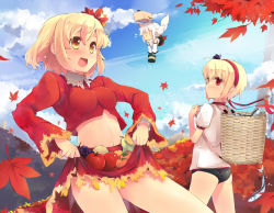 Rule 34 | 3girls, :d, aki minoriko, aki shizuha, alternate costume, animal ears, apple, ass, autumn leaves, bare shoulders, basket, blonde hair, blush, buruma, cloud, day, detached sleeves, female focus, fish, flying, flying sweatdrops, food, fruit, geta, grapes, gym uniform, hair ornament, hairband, holding, impossible clothes, impossible shirt, inubashiri momiji, leaf, leaf hair ornament, long hair, midriff, multiple girls, navel, open mouth, panties, persimmon, pom pom (clothes), red eyes, shin (new), shirt, short hair, siblings, sisters, skirt basket, sky, smile, tail, tomato, touhou, underwear, white hair, white panties, wolf ears, wolf tail, | |