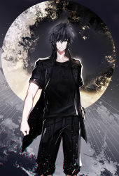 Rule 34 | 10s, 1boy, black eyes, black hair, black jacket, crescent moon, final fantasy, final fantasy xv, hand on own hip, highres, jacket, juexing (moemoe3345), male focus, moon, name connection, noctis lucis caelum, object namesake, solo, standing