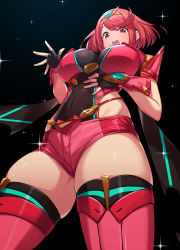 Rule 34 | 1girl, absurdres, bad id, bad twitter id, black background, black gloves, breasts, commentary request, covered navel, fingerless gloves, from below, gloves, green322, headpiece, highres, large breasts, looking at viewer, open mouth, pyra (xenoblade), red eyes, red hair, red thighhighs, short hair, solo, standing, teeth, thighhighs, thighs, upper teeth only, xenoblade chronicles (series), xenoblade chronicles 2