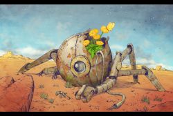 Rule 34 | bug, butterfly, cloud, damaged, day, flower, full body, grass, insect, letterboxed, nature, no humans, non-humanoid robot, original, outdoors, plant, robot, rust, sky, yuuki koutarou