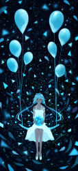 Rule 34 | 1girl, absurdres, balloon, bare arms, bare legs, bare shoulders, blue hair, commentary request, dress, fantasy, highres, holding, light smile, long hair, looking at viewer, night, night sky, original, sakimori (hououbds), scenery, shoes, sitting, sky, smile, solo, orb, star (sky), starry sky, sundress, white dress, white footwear