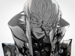 Rule 34 | 1boy, asclepius (fate), au (d elete), copyright request, eyelashes, fate/grand order, fate (series), hair between eyes, jacket, long hair, looking at viewer, male focus, monochrome, silver hair, simple background, solo, type-moon, upper body, white background