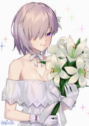 Rule 34 | 1girl, bouquet, bow, breasts, choker, cleavage, closed mouth, collarbone, dress, fate/grand order, fate (series), flower, gloves, hair flower, hair ornament, hair over one eye, holding, holding bouquet, lily (flower), looking at viewer, mash kyrielight, mash kyrielight (formal dress), medium breasts, off-shoulder dress, off shoulder, official alternate costume, purple bow, purple eyes, ribbon, ribbon choker, short hair, silver hair, smile, solo, sparkle, twitter username, upper body, white background, white dress, white flower, white gloves, white ribbon, you06
